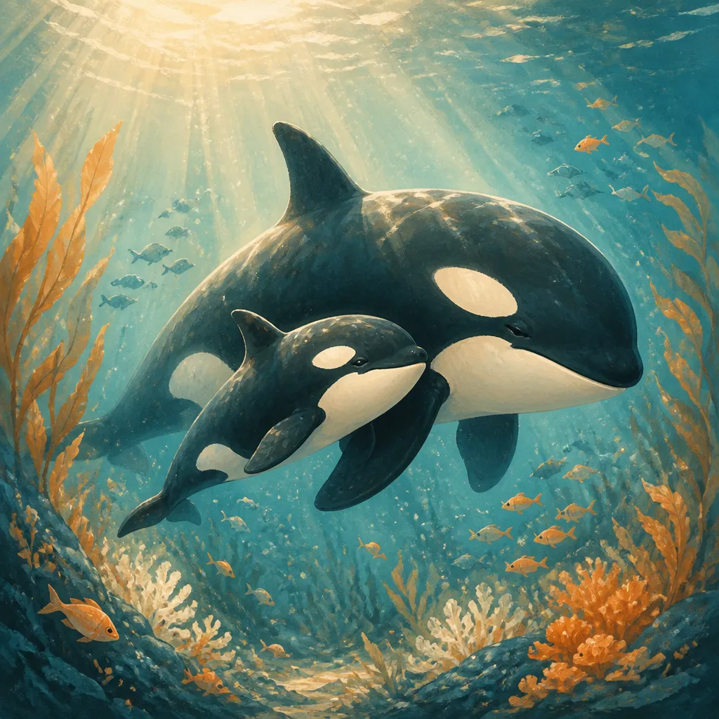 Oak the orca swimming with his mother